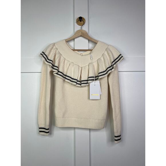 NWT Self-Portrait Striped Off Shoulder Ribbed Ruffled Cream Long Sleeve Sweater - Picture 2 of 8